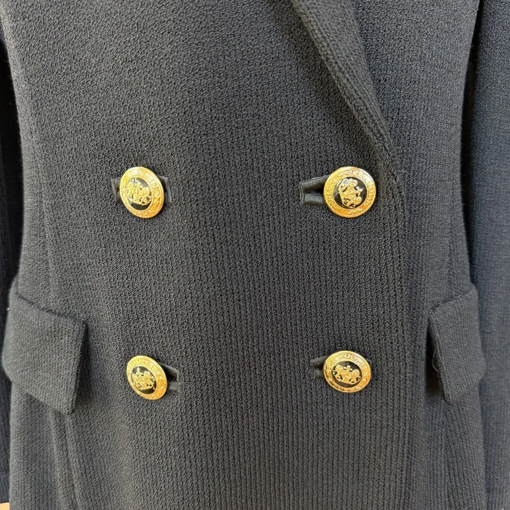 St. John Basics Black Santana Knit Double Breasted Gold Crest Button Blazer 6